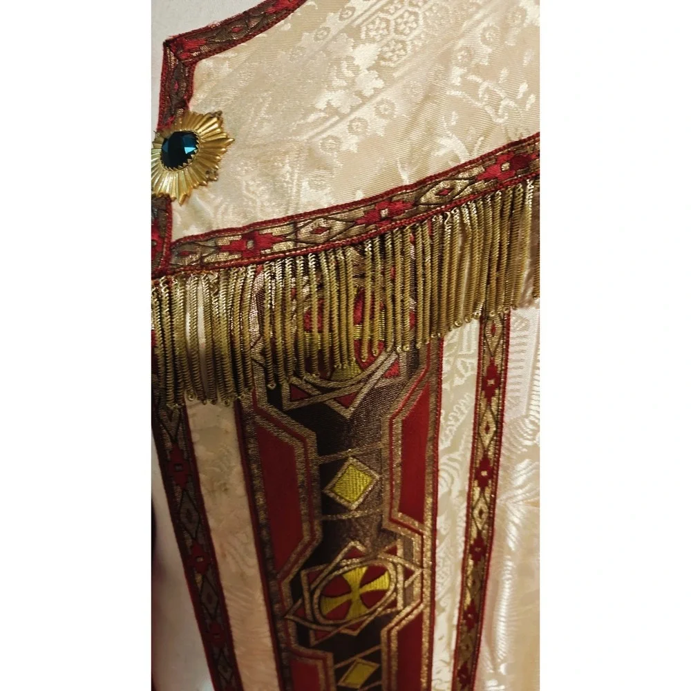 Antique Gothic Liturgical Chausable Cope Hand Painted Gold Boullion Fringe Silk